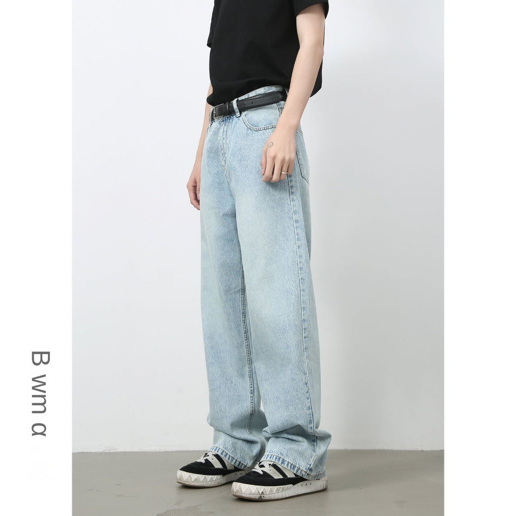 Basic Light Blue Denim Trousers for Men |  Style Loose Straight Leg Wide-Leg Long Pants