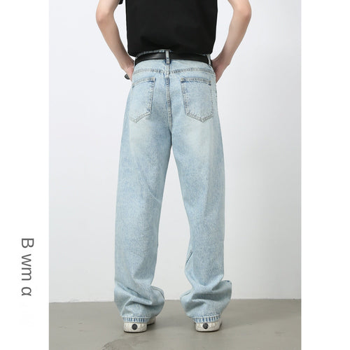 Basic Light Blue Denim Trousers for Men |  Style Loose Straight Leg Wide-Leg Long Pants