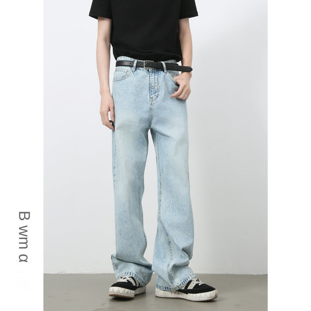 Basic Light Blue Denim Trousers for Men |  Style Loose Straight Leg Wide-Leg Long Pants