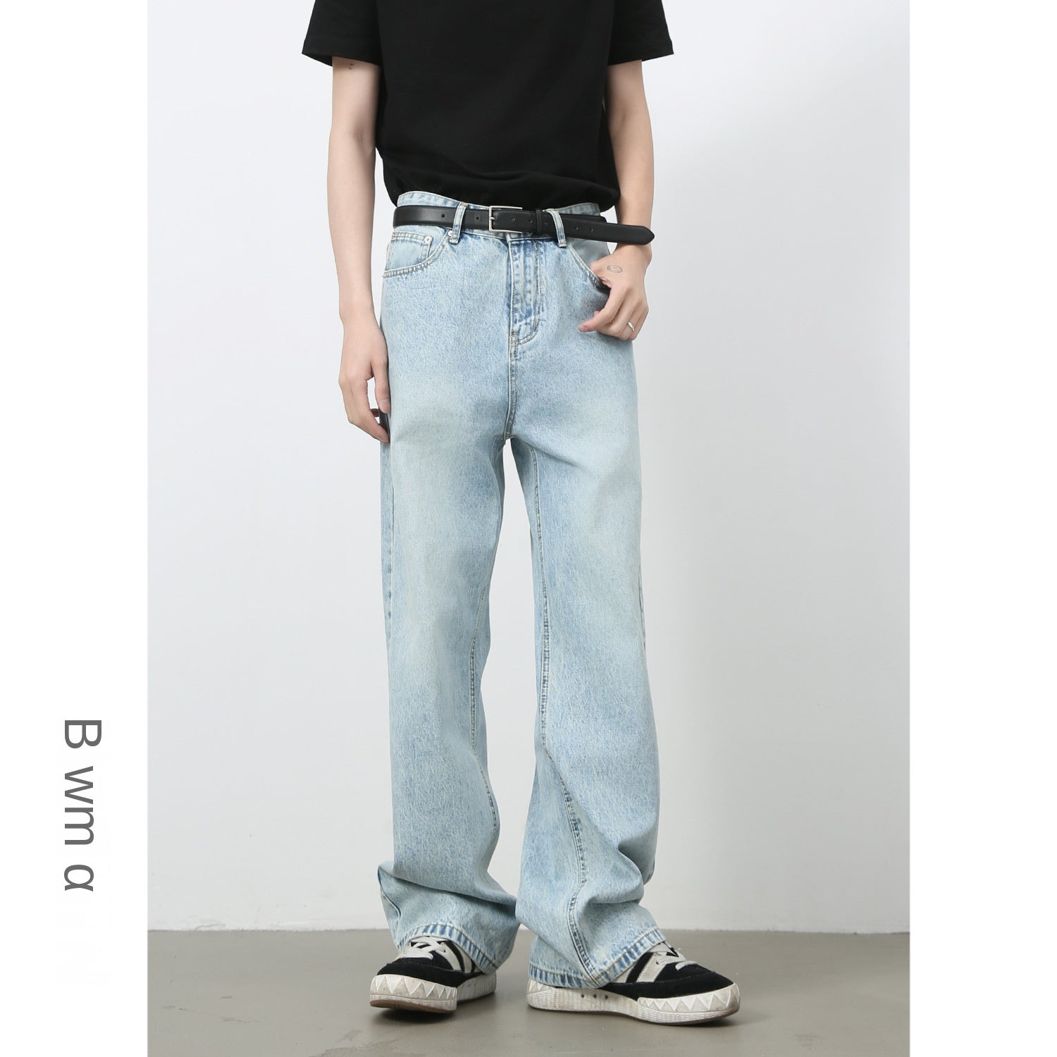Basic Light Blue Denim Trousers for Men |  Style Loose Straight Leg Wide-Leg Long Pants
