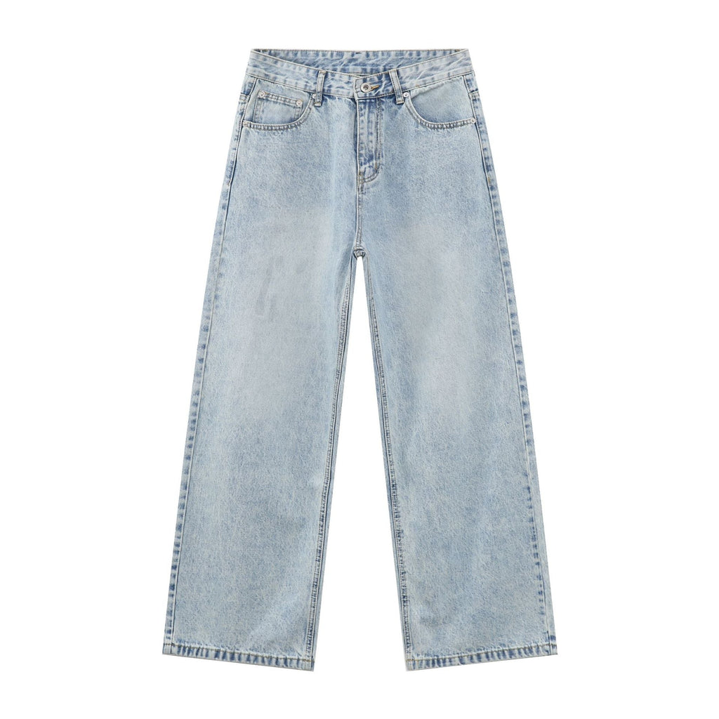 Basic Light Blue Denim Trousers for Men |  Style Loose Straight Leg Wide-Leg Long Pants