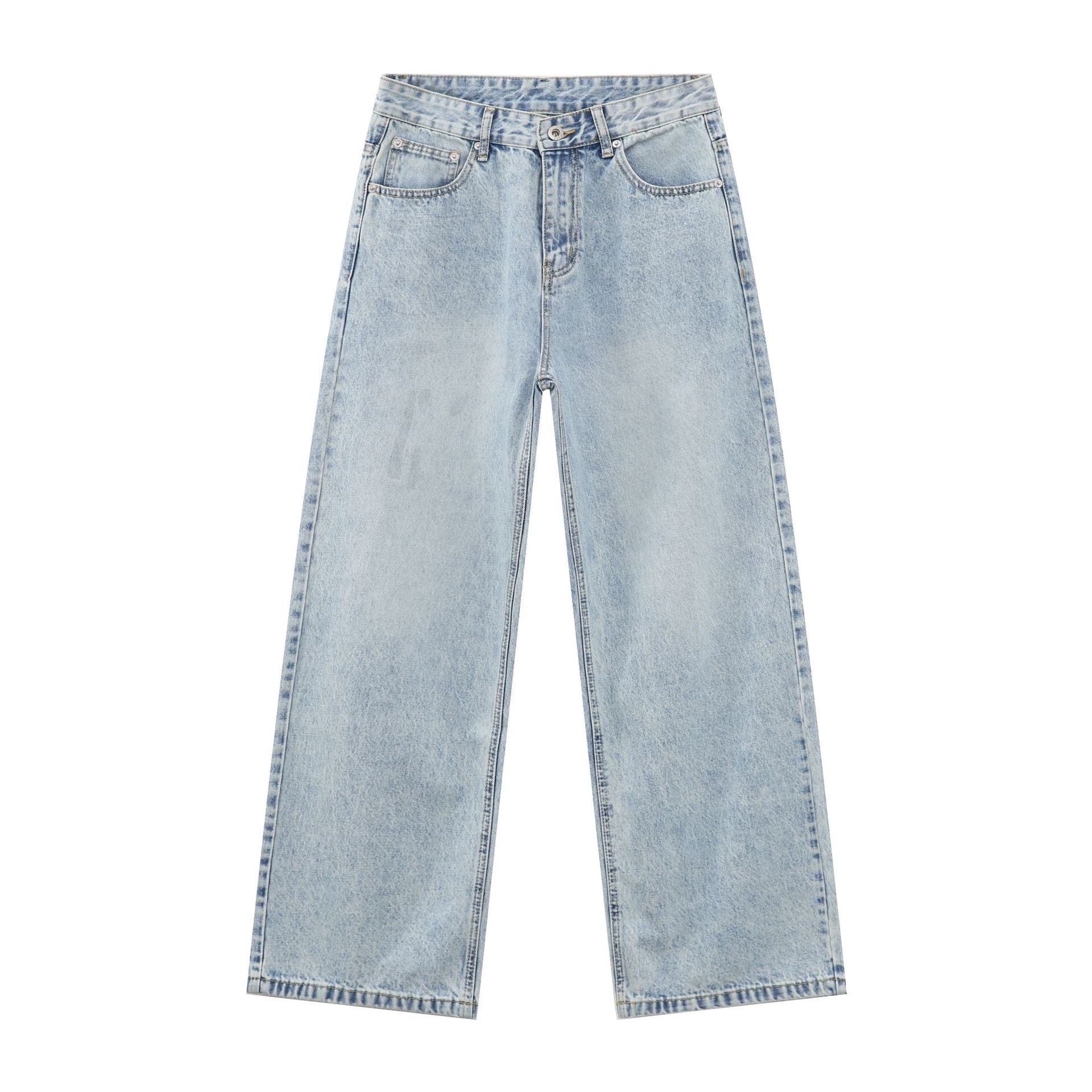 Basic Light Blue Denim Trousers for Men |  Style Loose Straight Leg Wide-Leg Long Pants