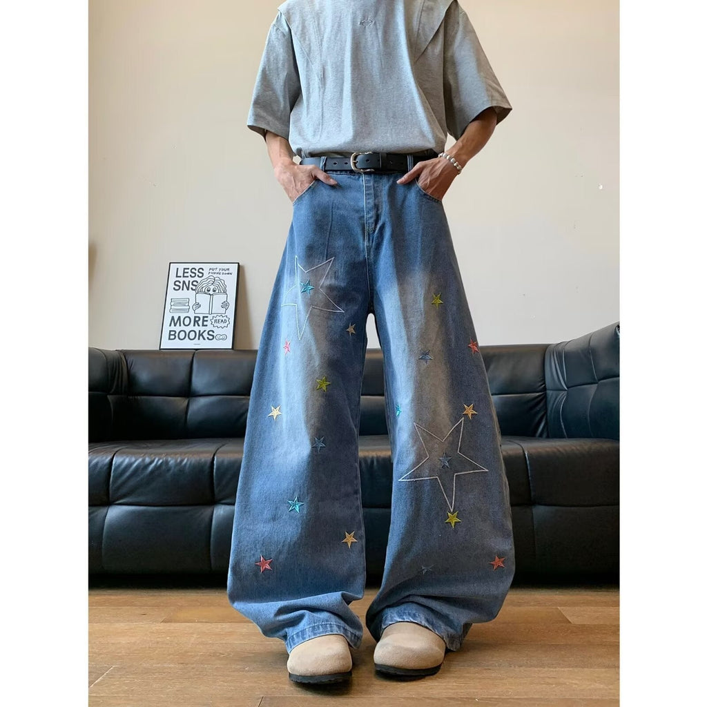 Star Embroidered Curved Knife Jeans for Men