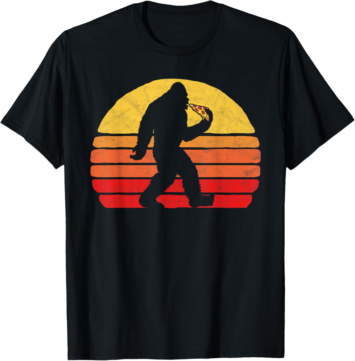 Sasquatch and Pizza! Funny Eating Bigfoot &amp; 80s Sun Graphic T-Shirt