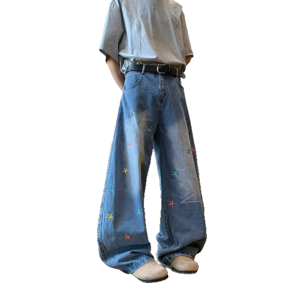 Star Embroidered Curved Knife Jeans for Men