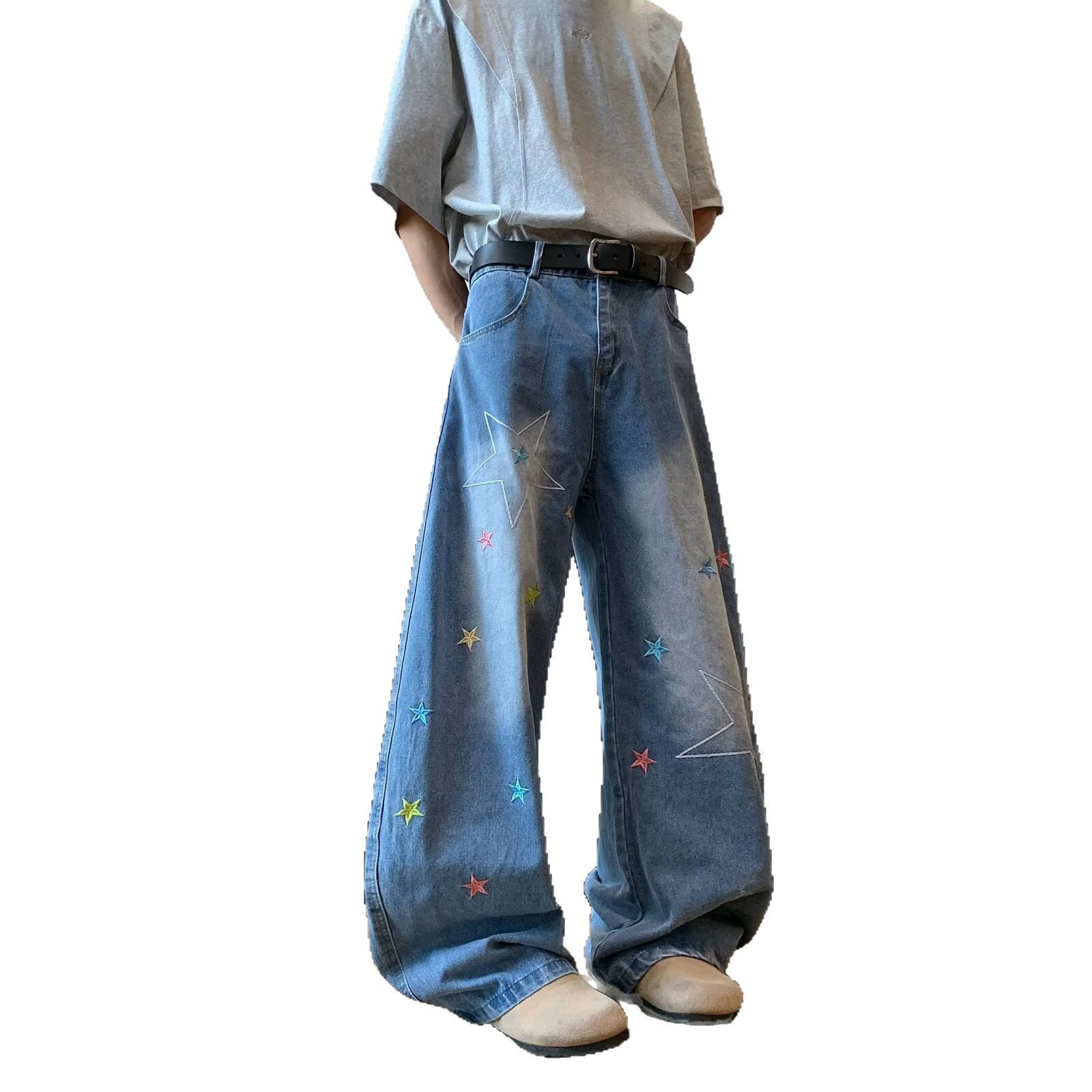 Star Embroidered Curved Knife Jeans for Men