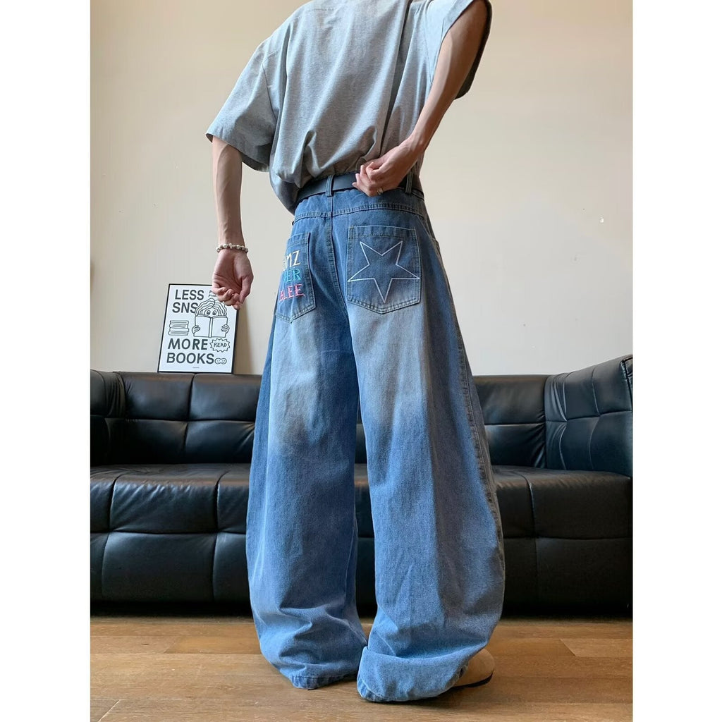 Star Embroidered Curved Knife Jeans for Men