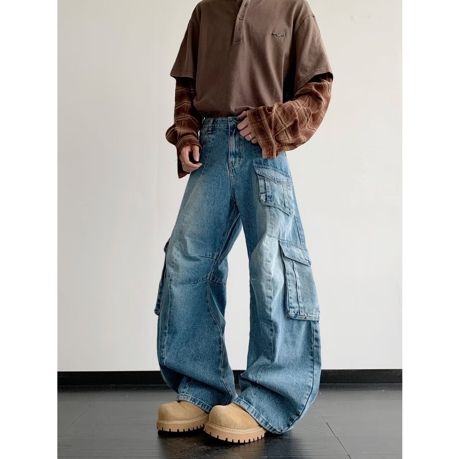 Multi Pocket Curved Knife Denim Loose Wide Leg Work Pants