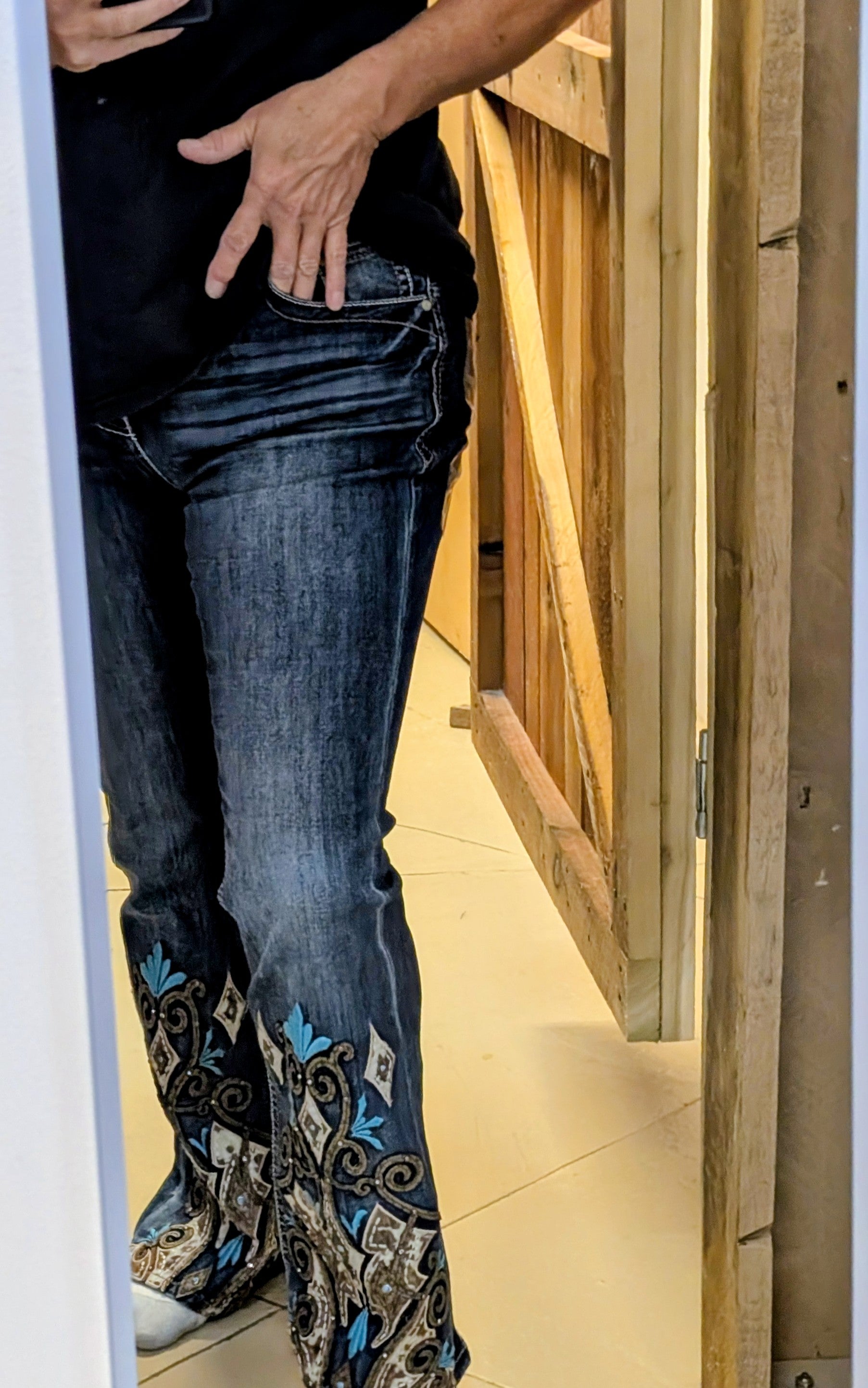 Grace in LA Mid-Rise Easy Fit Embellished Flare Jeans