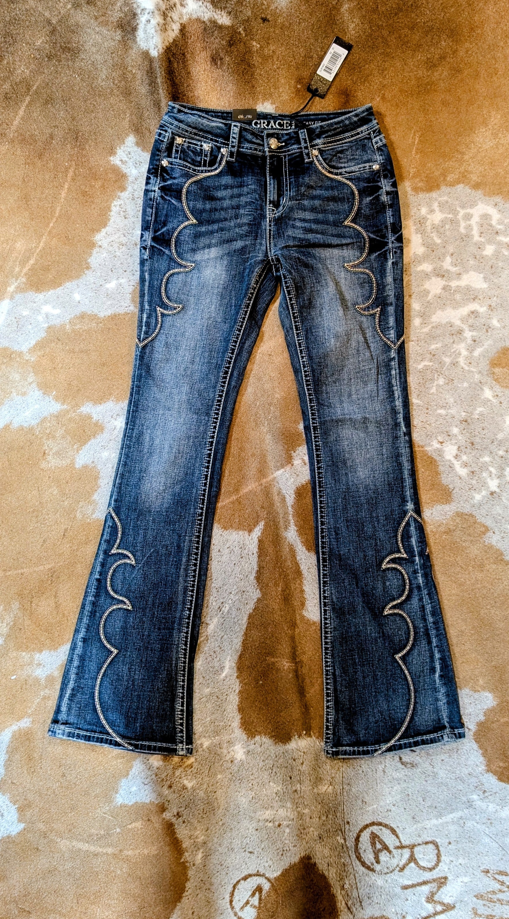 Grace in LA Simple Side Embroidered Mid-Rise Flare Jeans